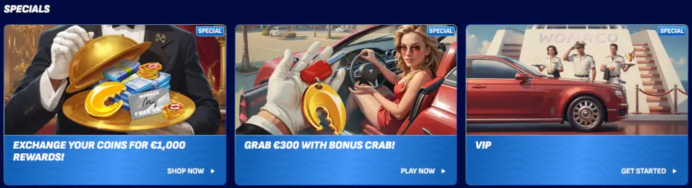 Récompenses spéciales Wonaco, offres de crabes bonus et aperçu du programme VIP